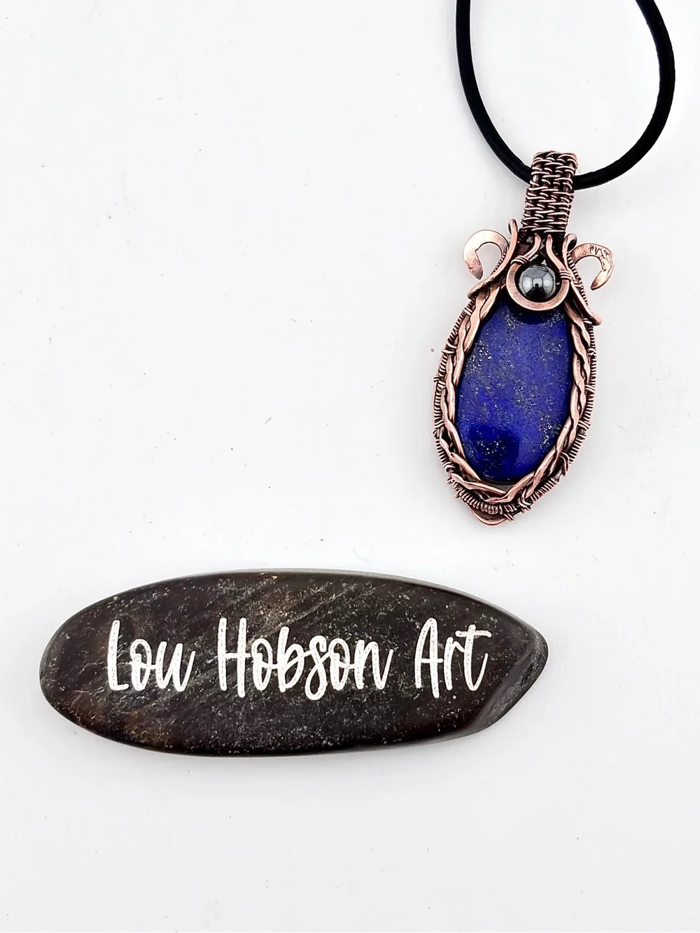 HANDMADE Lapis Lazuli Hematite Copper Wire Wrapped Masculine Pendant Necklace
